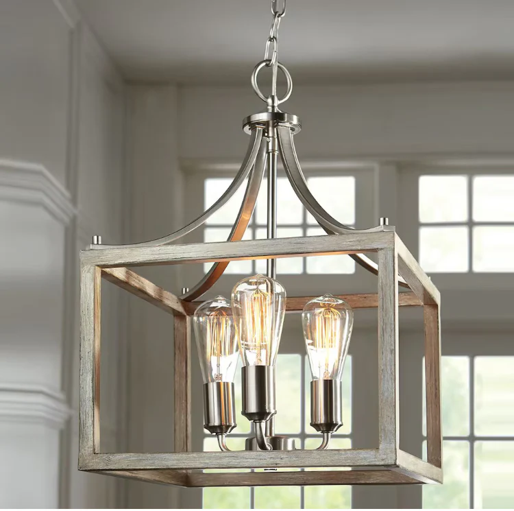 Boswell Quarter 14-inch 3-Light Brushed Nickel Dining Room Table with Painted Weathered Gray Wood Accents (New) - Image 3