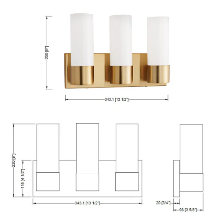 3-Light Bathroom Integrated LED Brushed Gold Vanity Light Linear & Bar White Acrylic Shade (New) - Image 3