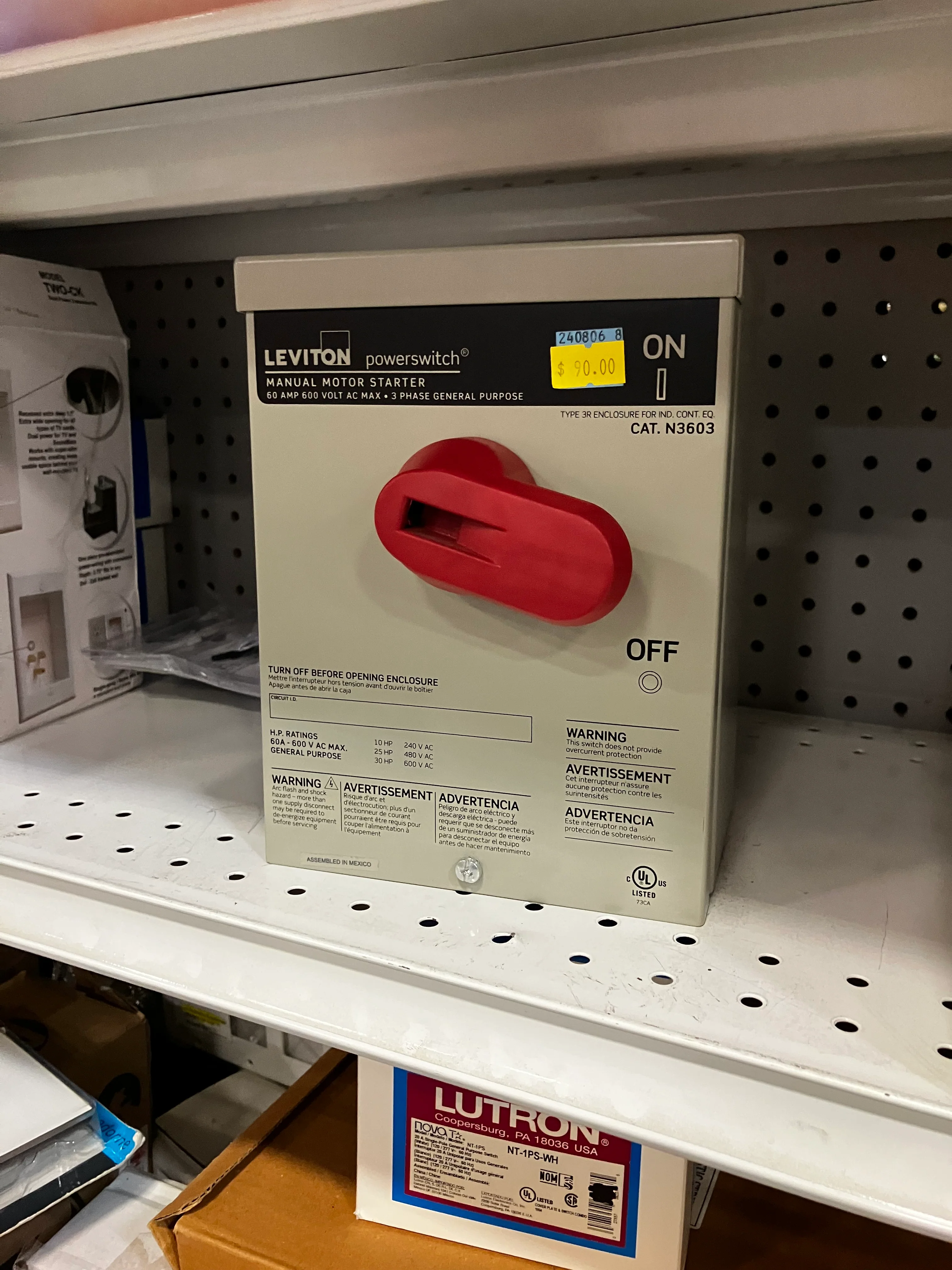 Leviton AC Motor Starting Switch 60 A 600 V Toggle in Type-3R Enclosure 3P Industrial Grade - Gray - Image 3