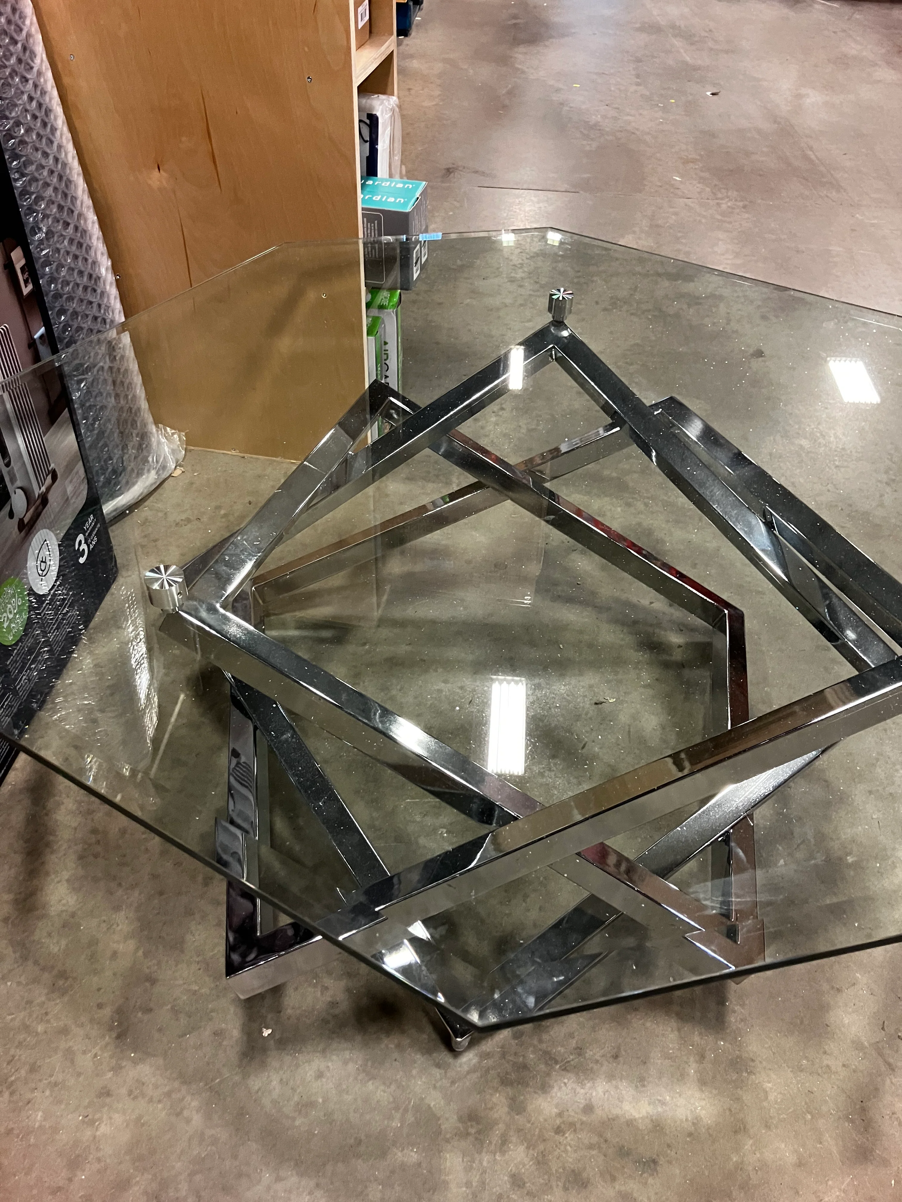 Octagon Glass Top Coffee Table - Silver with Metal Base (Used) - Image 4