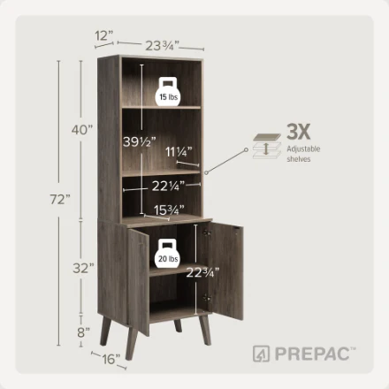 Prepack- 2-Door Bookcase with Adjustable Shelves, Drifted Gray (new) - Image 3